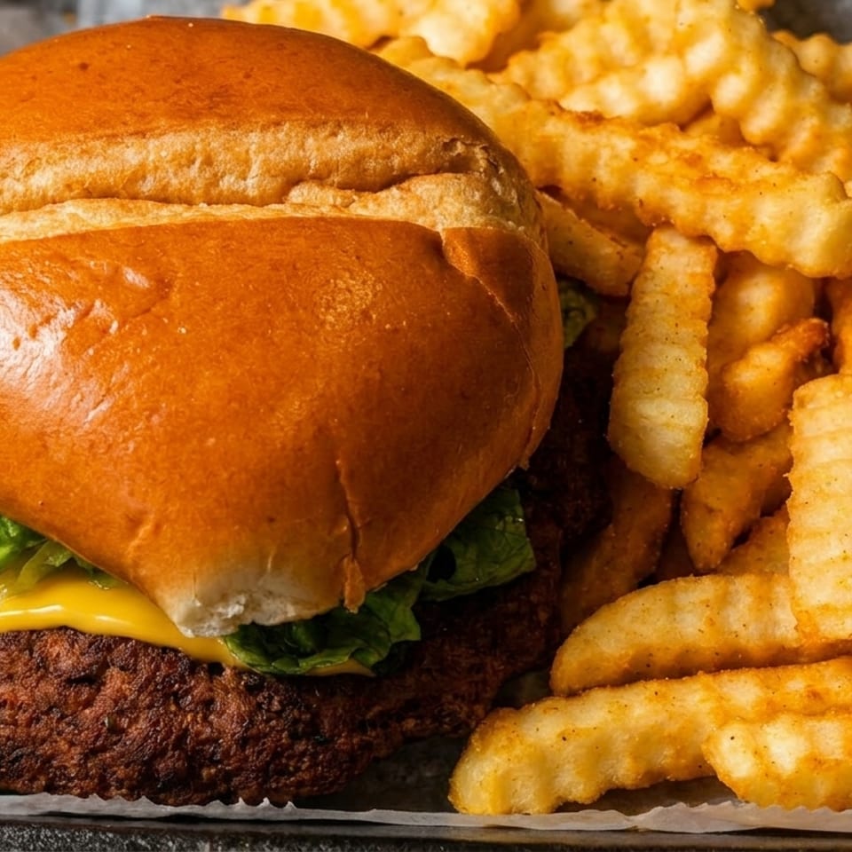 A cheeseburger with lettuce and a side of crinkle-cut fries in a black takeout container.