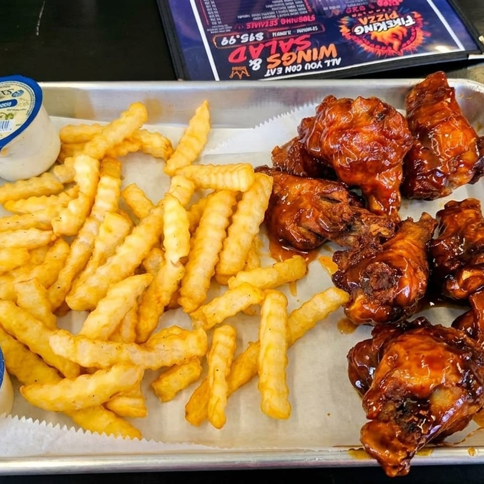 A metal tray holds crinkle-cut fries, saucy chicken wings, and two cups of Ken's Bleu Cheese dressing.