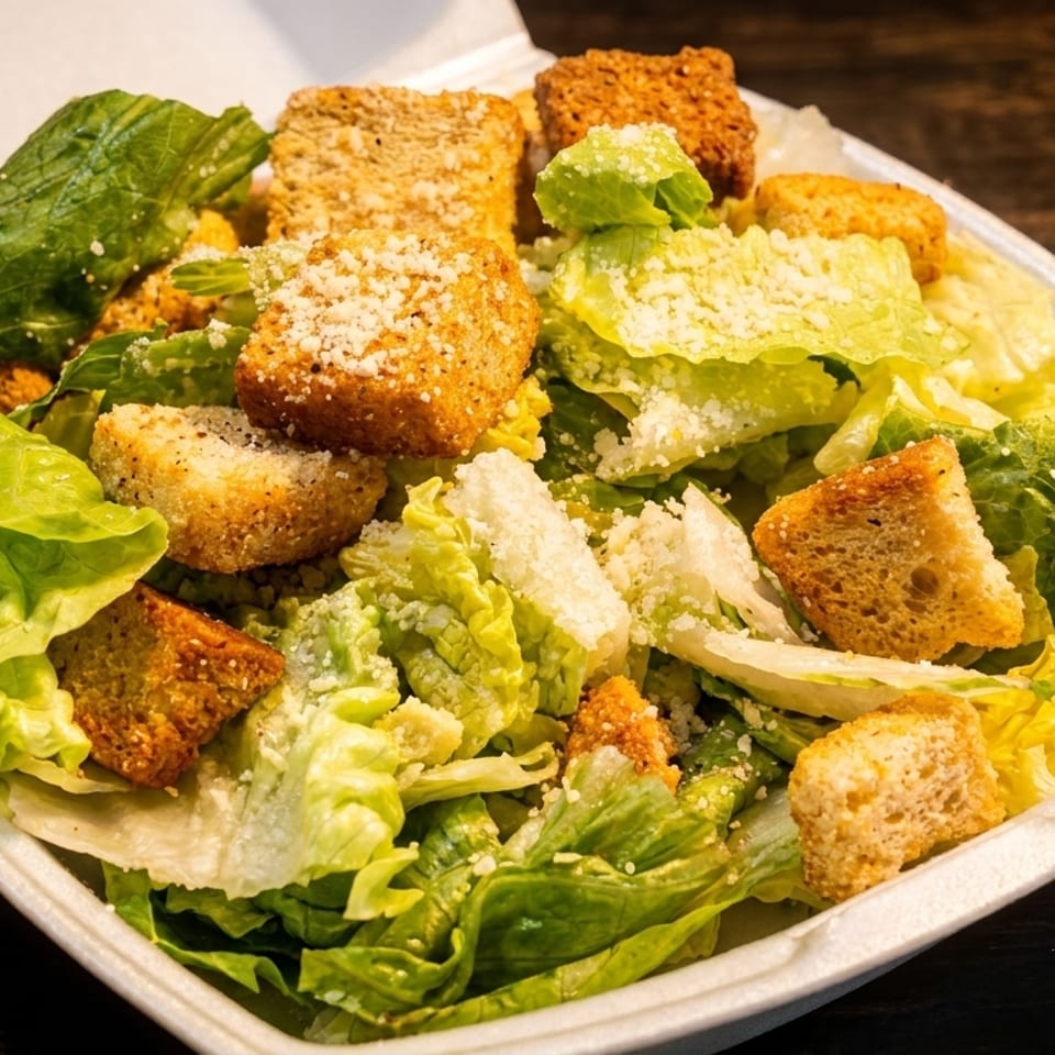 Caesar salad with romaine lettuce, croutons, and grated cheese in a white takeout container.