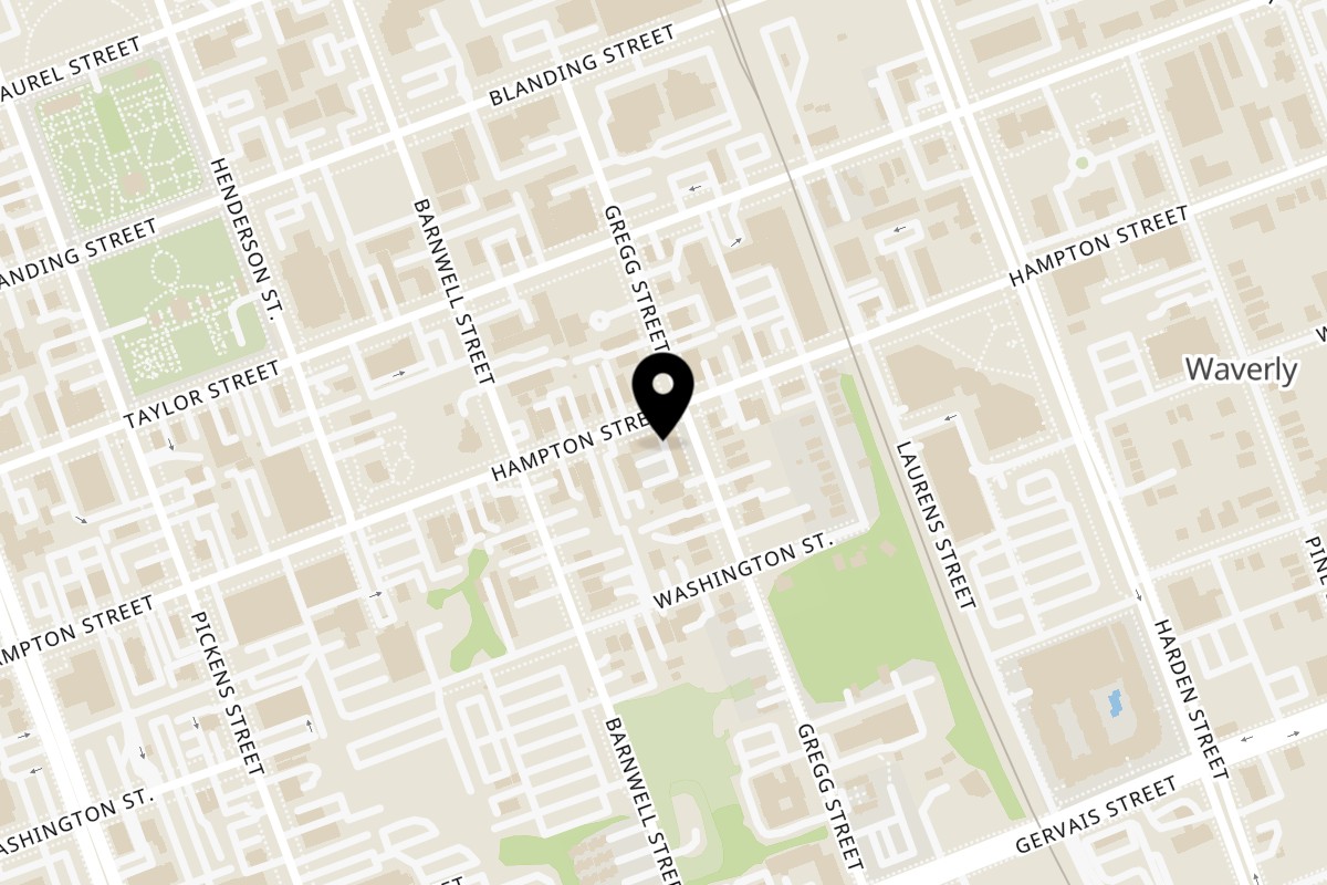 Map showing the location of Fire King Pizza on 1840 Hampton St in Columbia